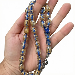 Tasbih artisanal en résine avec paillettes bleues et dorées, modèle ange, perles de prière islamiques avec pompon argenté - Product Image 5