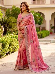 Sari de satén rosa de lujo con bordados Fendi, largo hasta el suelo, de diseñador, para bodas, fiestas de graduación, invierno, verano, ropa tradicional india étnica. - Product Image 2