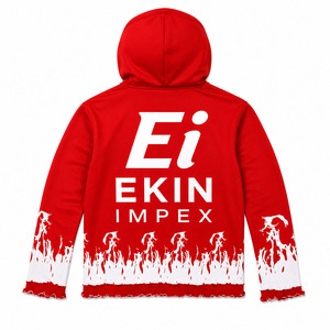 Custom Logo Men's Full <b>Zip</b> Up Hoodie Flame Print Fleece <b>Hooded</b> Sweatshirt Streetwear Zipper Jacket OEM - Product Image 2