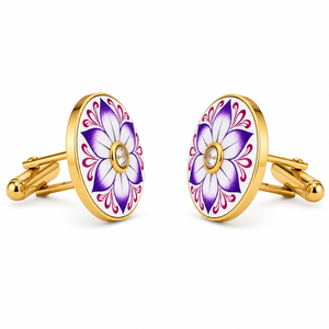 Mancuernillas Hechas a Mano en Latón Chapado en Oro con Diseño de Loto Morado para Hombre, Joyería para Vestimenta Formal - Product Image 1