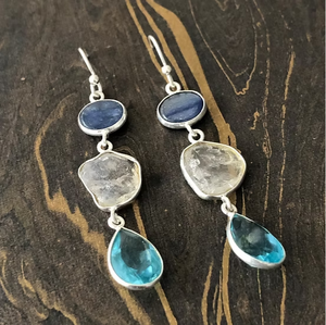 Boucles d'oreilles pendantes artisanales en argent sterling 925, style bohème, multi-pierres, kyanite, pierre de lune, topaze bleue - Product Image 3