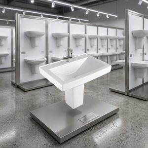 Lavabo semipedestal de cerámica blanca de diseño moderno con desagüe, hecho en India, para baño. - Product Image 5