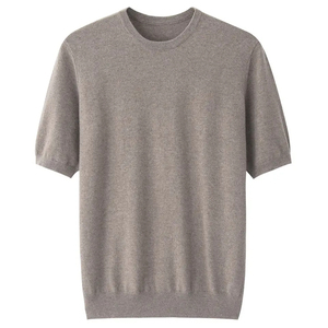 T-shirt décontracté pour homme, uni, crème, manches courtes, 100% coton, col rond, tricoté, coupe classique - Product Image 6