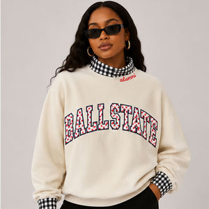 Sweat-shirt rose oversize à col roulé pour femme, imprimé lettres, col et poignets à carreaux, en coton tricoté, style universitaire automne - Product Image 2