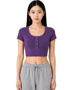 เสื้อครอปแขนสั้นทรงเข้ารูปสีม่วงสำหรับผู้หญิง ผ้าคอตตอนผสมสแปนเด็กซ์ ยืดได้ สวมใส่สบาย เหมาะสำหรับฤดูร้อน มีกระดุม ดีไซน์ทันสมัย - Product Image 1