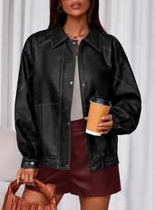 Blouson bomber en cuir PU noir pour femme, manches longues, fermeture éclair, col rabattu, longueur courte, style automne - Product Image 4