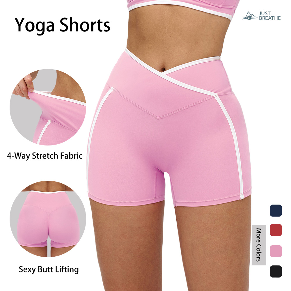 Ladies Yoga Shorts Cross Over Waist Exercise Shorts Contrast Color Women's Sportswear Custom Sports Shorts Short Yoga Pants
