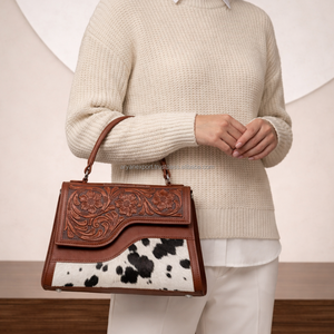 Western Tooled Genuine Leather Handbag for Women Hairon Cowhide Crossbody Bag Handmade Floral Leather Top Handle Purse - Product Image 2