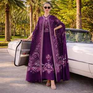 Robe de soirée violette imprimée avec cape longue jusqu'au sol |   Veste de costume à superposer |   Ensemble élégant et festif de cape indo |   Sans plis, moderne - Product Image 1