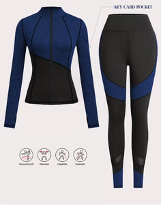 Women's Two Piece Sporty Yoga Fitness Set High Waist Stretch Leggings Breathable Full Sleeve Color Blocking Spandex/Cotton - Product Image 1