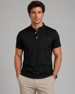 Polo en coton noir à manches courtes pour homme Vibe Craft Clothing, couleur unie, boutons sur le devant, style décontracté chic, prix avantageux - Product Image 1