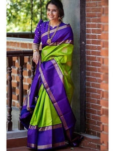Sari Tradicional Verde de Seda Tejida KV Banarasi para Fiesta, con Diseño Pintado a Mano y Blusa Sin Coser - Product Image 6