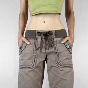 Jeans de mezclilla de tiro bajo, rectos, transpirables, ecológicos, lavados, vintage, lisos, para mujer, con efecto desgastado, con cordón ajustable, casuales - Product Image 2