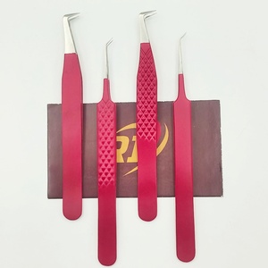Pinzas para extensión de pestañas de acero inoxidable color rojo con logotipo personalizado OEM para salón de belleza, venta al por mayor, punta corta de 4 mm. - Product Image 2