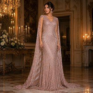 Luxury Rose Gold Sequin Evening Gown for <b>Women</b> V Neck <b>Cape</b> Sleeve Mermaid Maxi Dress Formal Party Wedding Reception Prom Dress - Product Image 2