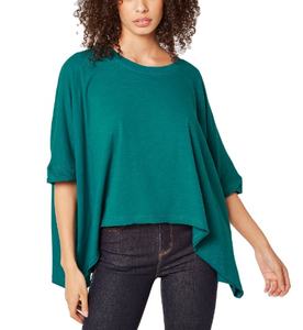 Jersey de cuello redondo liso sin cuello de algodón 100% para mujer, Sisa ancha, hombro caído, manga hasta el codo, camiseta de cascada - Product Image 1