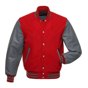 Chaqueta estilo universitario roja y gris para hombre, mangas estilo cuero, ribete acanalado a rayas, botones a presión, ropa urbana de moda. - Product Image 1