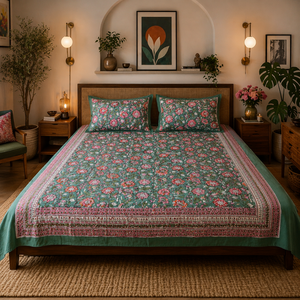 Parure de lit 3 pièces en coton imprimé à la main de Jaipur, taille King, teintures non toxiques, douce, respirante, durable, écologique, toutes saisons - Product Image 5