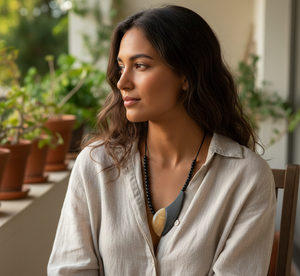 Collar colgante bohemio hecho a mano para mujer con piezas de cuerno de búfalo negro ahumado fusionado en cordones de algodón encerado ajustables - Product Image 4