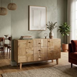 Buffet moderne en bois massif naturel, motif patchwork, 3 tiroirs, 2 armoires, console multimédia pour salon - Product Image 4