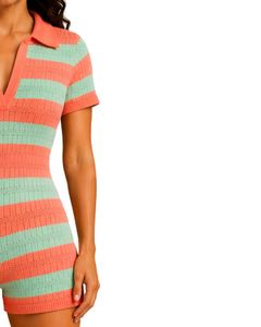 Mono de punto a rayas coral y menta para mujer, manga corta, cuello polo, informal de verano, de una pieza, ajustado, a la moda - Product Image 4