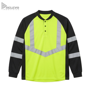 เสื้อก่อสร้างสะท้อนแสงแบบถัก ระบายอากาศได้ดี คอเฮนลีย์ 3 กระดุม สีเหลืองนีออนและสีดำแบบกำหนดเองสำหรับ OEM - Product Image 2