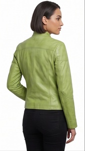 Veste d'hiver en cuir véritable vert citron pour femme, col montant, style motard, coupe ajustée, effet vieilli, fournisseur ODM en gros - Product Image 5