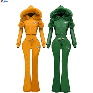 Conjunto de punto gofrado personalizado para mujer, atuendo de manga larga con ribete de piel, conjunto de chándal con chaqueta con cremallera y pantalón acampanado de pierna ancha - Product Image 4