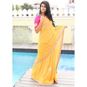 ผ้าส่าหรีสีเหลืองสวยงาม งานแฮนด์เมด ไซส์ XS ทรงตรง เอวธรรมชาติ ทำจากผ้าออร์แกนซ่า - Product Image 3