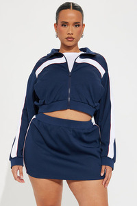 Ensemble sweat à capuche court zippé bleu marine et short pour femme, manches longues, taille élastique, tenue sportive décontractée deux pièces, streetwear - Product Image 4