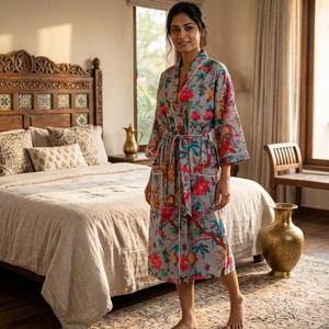 Kimono Floral Gris de Algodón Hecho a Mano |   Bata de casa de manga larga con cuello en V para mujer |   Bata de longitud completa y corte holgado, obra maestra de alta costura - Product Image 2