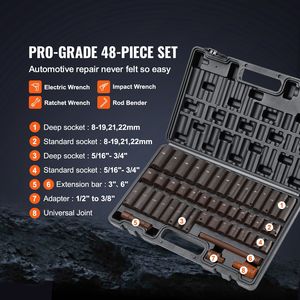 Set di chiavi a bussola a impatto da 48 pezzi con attacco da 3/8 pollici SAE (da 5/16 a 3/4 pollici) e metrico (da 8 a 22 mm), a 6 punte in Cr-V, con prolunga universale - Product Image 1