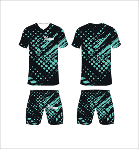 Ensemble d'uniformes de football personnalisés sublimés, motif graphique à pois noir et turquoise, respirant, séchage rapide, maillot de football d'équipe, shorts pour hommes - Product Image 1