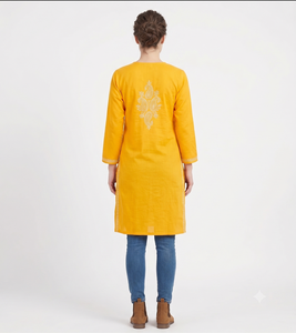 Túnica Kurta Étnica Bordada en Amarillo para Fiestas de Verano, Blusa India Pakistaní de Manga Larga para Uso Diario - Product Image 3