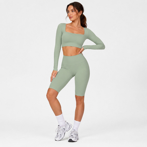 Women Square Neck Crop Top Knee Length Leggings <b>Two</b> <b>Piece</b> <b>Set</b> Yoga Wear Compression 2 <b>Piece</b> High Waist Legging long Sleeve Top - Product Image 4
