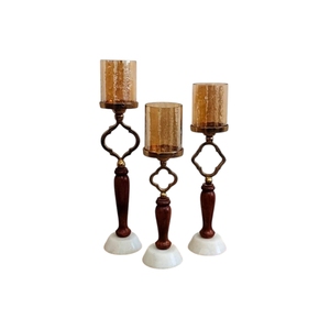 Modern Wooden Pillar <b>Candle</b> Stand Set White Marble Base Amber <b>Glass</b> <b>Hurricane</b> Living Room Home Decor - Product Image 6