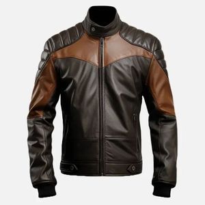 Men's Genuine Leather Moto <b>Jacket</b> Hooded Color Blocking Zipper Closure <b>Slim</b> <b>Fit</b> Winter Vintage Breathable - Product Image 1