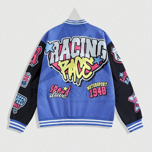 Veste de baseball bleue pour homme avec design patchwork, impression par sublimation, style streetwear, vêtement d'automne, coupe classique, col rabattu - Product Image 2