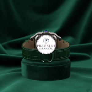 นาฬิกาเพชรหรู Pragalbh Jewels นาฬิกาโมอิสซาไนต์แบบฝังเพชรเต็มหน้าปัดทรงสี่เหลี่ยม สายหนังสีเขียว ระบบควอตซ์ - Product Image 2