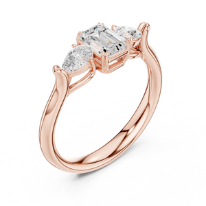 <b>Emerald</b> Cut Moissanite Diamond Engagement <b>Ring</b> With Pear Side Stones – Rose Gold Over Sterling <b>Silver</b> Three Stone <b>Ring</b> - Product Image 4