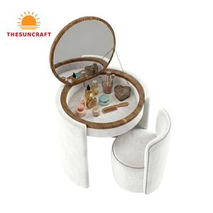 Direct Factory Corner <b>Vanity</b> Set for Girls - Modern Oak Wood Makeup Table with Mirror & Chair Cheap - Product Image 1