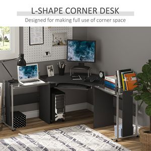 Scrivania per Computer ad angolo da 69 \ "con supporto per Monitor rialzato e supporto per CPU rotante vassoio per tastiera nero e piano in vetro - Product Image 6