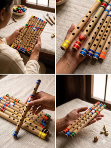 Flûte Bansuri en bambou artisanale, instrument de musique traditionnel indien en bois avec bandes décoratives rouges et noires - Product Image 4