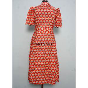 Robe midi pour femme en coton indien imprimé à la main, col en V, manches courtes, coupe trapèze, idéale pour les fêtes, les vacances d'été à la plage - Product Image 6