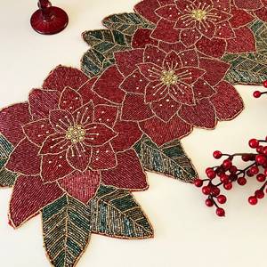 Christmas handmade <b>table</b> <b>runner</b>, floral beaded Poinsettia <b>runner</b>, 13x36inch - Product Image 1