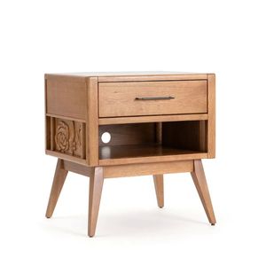 Solid Wood Nightstand <b>Bedside</b> Table with 1 Drawer and Open <b>Shelf</b> Carved Accent Modern Bedroom Furniture From Rajasthan - Product Image 1
