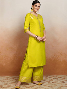 Lime Green Silk Blend Quick Dry Digital Print <b>Kurta</b> Set Red Dupatta Traditional Indian <b>Women</b> Casual Wear Knee-Length Regular Fit - Product Image 5