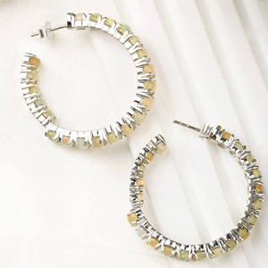 Wholesale 925 <b>Sterling</b> <b>Silver</b> Natural Round Cabochon Opal Prong Open <b>Hoop</b> Earrings Memoria Jewels - Product Image 5