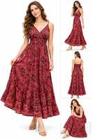 Robe longue bohème rouge à fleurs pour femme, col halter, coupe trapèze, ourlet à volants, ample, décontractée, imprimé numérique, 100 % soie