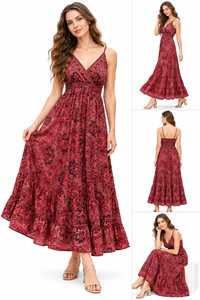 Robe longue bohème rouge à fleurs pour femme, col en V, bretelles spaghetti, coupe trapèze, ourlet à volants, ample, décontractée pour l'été - Product Image 3